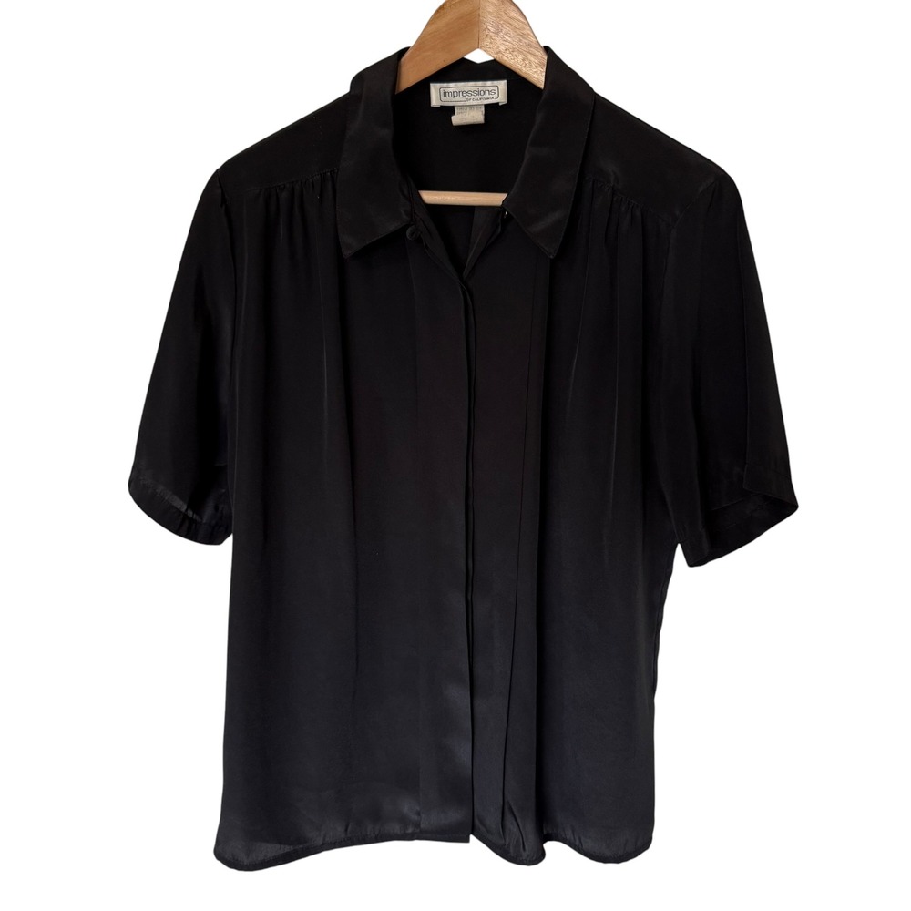 Impressions of California Blouse Womens 12 Black Vintage Pleated Silk Look Top